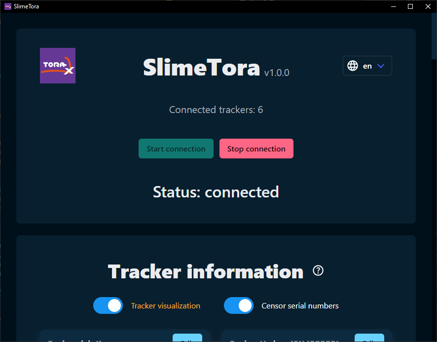 Screenshot of the app's main section showing the status and amount of trackers connected (6 trackers)