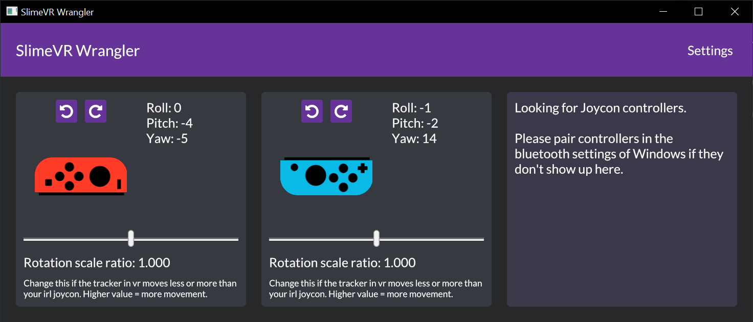 Screenshot of the app running and tracking a single Joy-Con